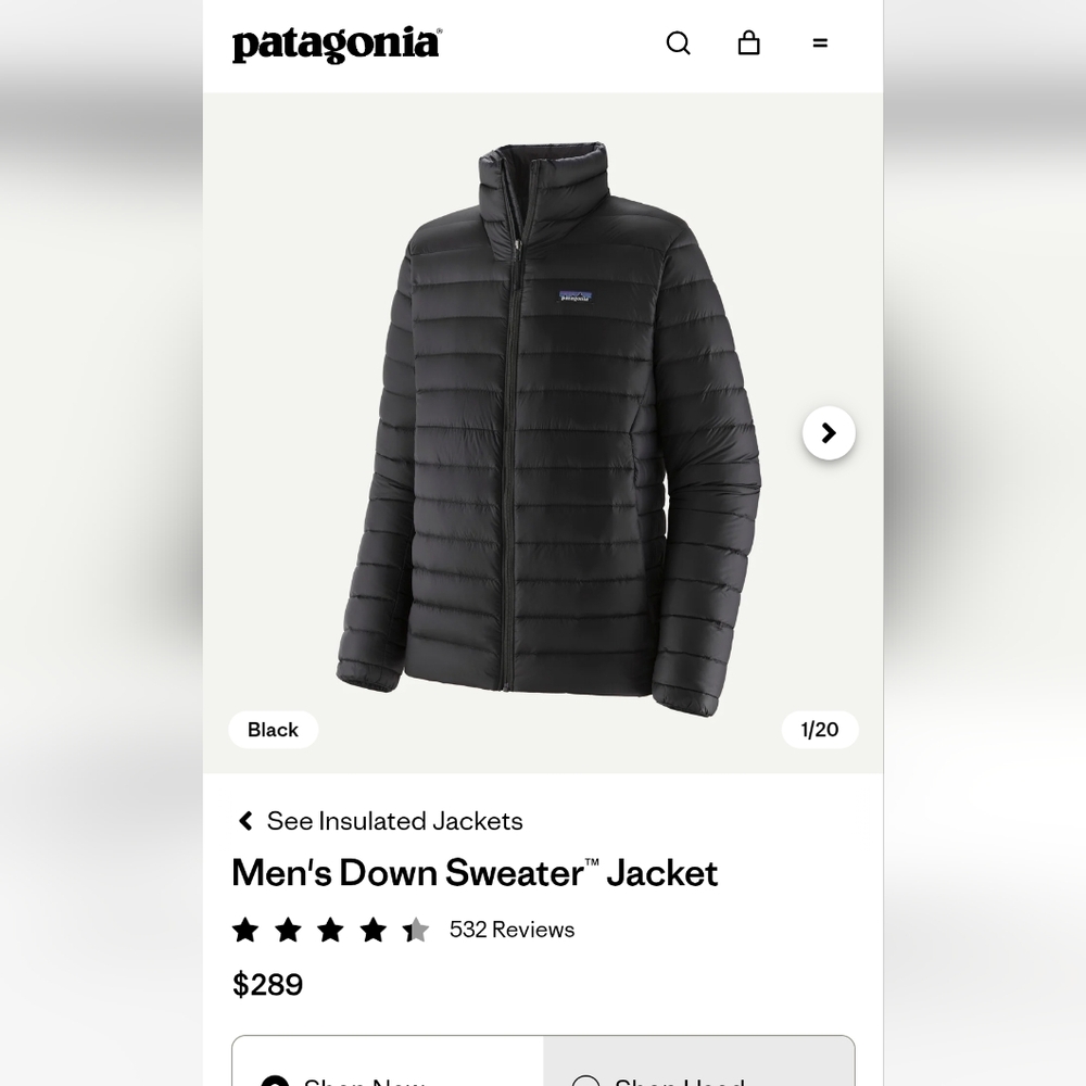 Patagonia Men's Down Sweater Jacket - Black - Picture 2 of 3